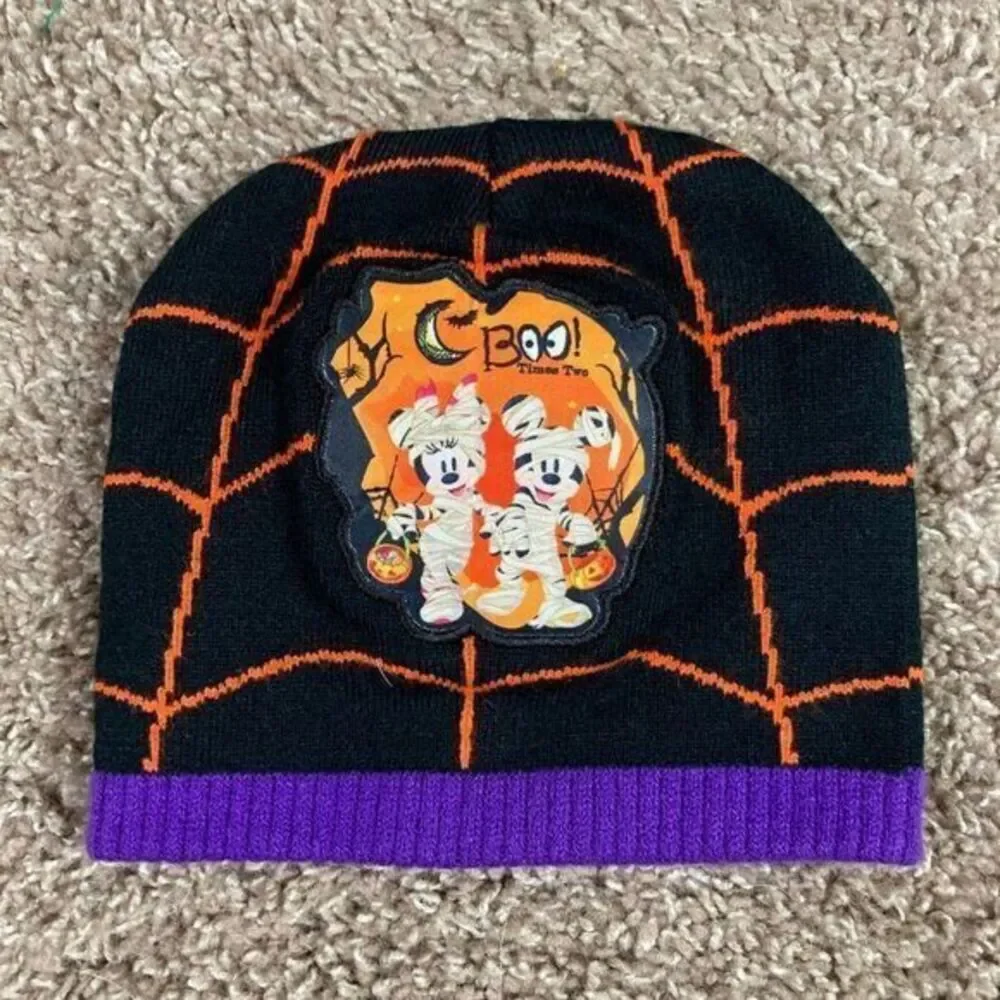 Disney Mickey Minnie Mouse Halloween Beanie Kids Black Mummy Spiderweb Knit Hat